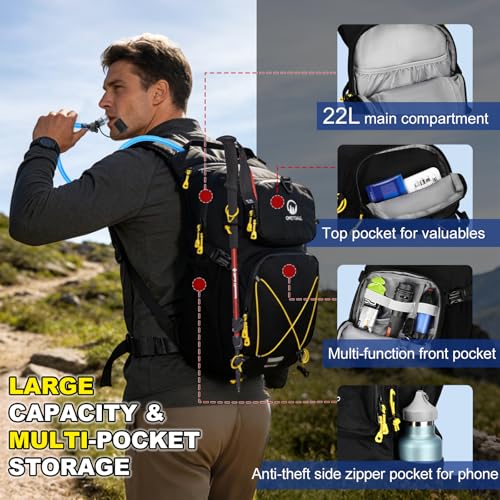 Hydration Backpack 22L, Hiking Backpack with 2L Leakproof Bladder, Sewn-in Rain Cover, Insulated Compartment for Men & Women Running, Cycling, Camping - color: Black