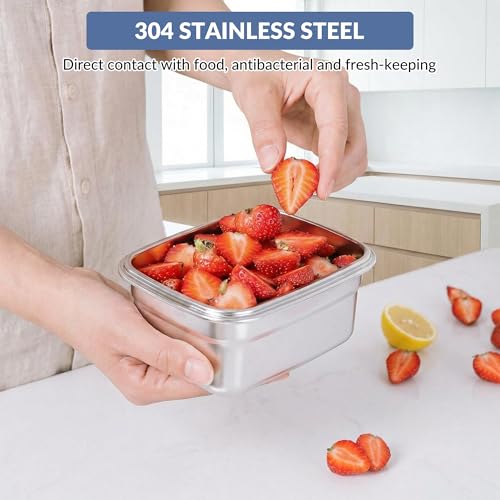 3Pcs 304 Stainless Steel Food Storage Containers with Lids, Nestable & Stackable, Leak-Proof Silicone Seal, 2500ML+1100ML+450ML, Dishwasher Safe, Straight Edge Black, Reusable Lunch Boxes for Meal Pre