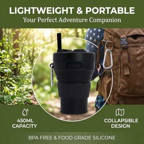 Silicone Coffee Mug Collapsible Cups for Camping Folding Travel with Straw Reusable Portable Drinking Cups Outdoor Hiking 450ml (Green-450ml, 1) - color: Green-450ml