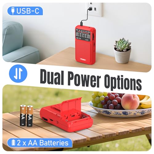 PRUNUS J211 Portable Radio AM FM, USB C Charging and AA Battery Operated - color: Red