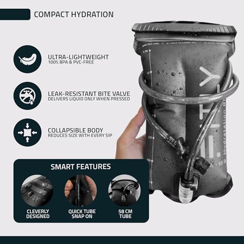 FITLY Soft Flask - Shrink As You Drink Soft Water Bottle for Hydration Pack - Folding Water Bottle Ideal for Running, Hiking, Cycling, Climbing & Rigorous Activity - color: Black, size: 60 Ounces