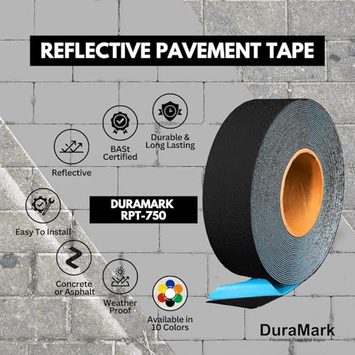 DuraMark RPT-750 Reflective Pavement Marking Tape, Black, 2 in x 36 ft | Permanent rubber base bonds to asphalt and concrete; glass-bead reflectivity improves low-light visibility. - color: Black, size: 2 Inch x 36 Ft