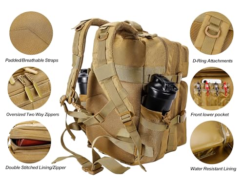 LHI Tactical Military Backpack for Men and Women 25L/35L Army Assault Pack Bag Small Rucksack with Bottle Holder - color: 2.1 35l-khaki, size: Medium