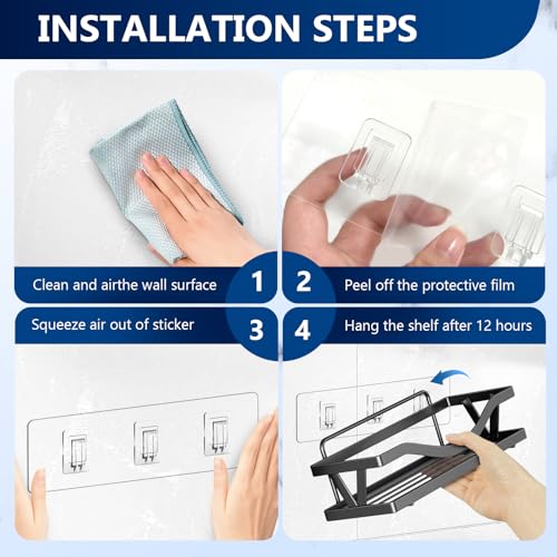14 Pack Shower Caddy Replacement, Strong Adhesive Flat Hooks, Clear Waterproof Shower Shelf Strips for No Drilling Bathroom Storage Shelves, Soap Holder, and Kitchen Racks - color: Transparent-Upgrade 14Pack