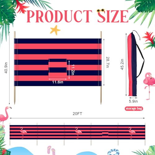 Cinnvoice 20ft Flamingo Beach Windscreen Set Long Privacy Screen with 6 Hardwood Poles Rubber Mallet and Carry Bag Portable Beach Fence Wind Blocker for Summer Outdoor Sand Wind Protection - size: 20ft, style: Flamingo