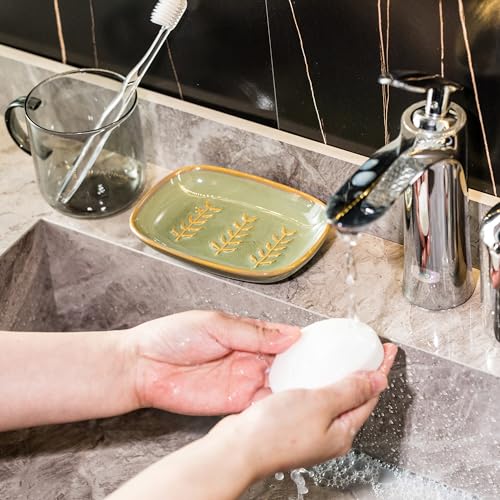 Miamolo Soap Dish Soap Holder Shower, Ceramic Soap Dishes for Bar Soap Sponge, Shower Soap Dish Soap Saver Tray for Bathroom Kitchen Sink, Easy to Clean, Green (Pack of 2) - color: Green, size: Leaf Design (Pack of 2)