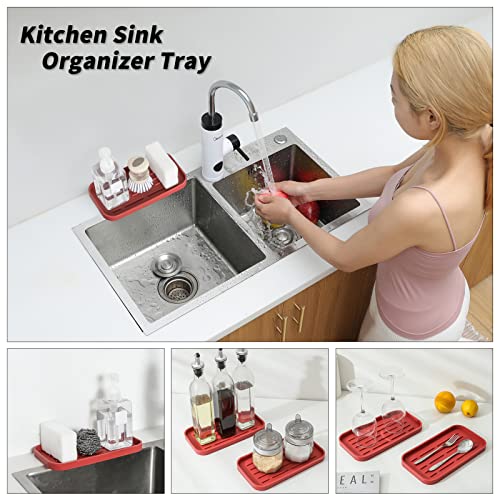 MicoYang Silicone Kitchen Sink Organizer Tray for Multiple Usage,Eco-Friendly Sponges Holder for Kitchen Bathroom Counter or Sink,Dish Soap Dispenser,Scrubber,Bottle,Cup (Red, 10"×5.3") - color: Red, size: 10" x 5.3" x 0.7"
