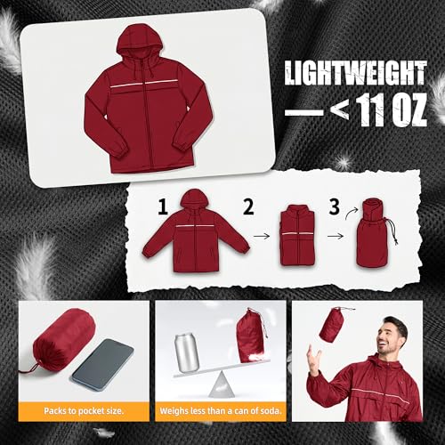 ZITY Mens Rain Jacket with Lining Waterproof Lightweight Rain Coats Packable Hooded Windbreaker for Hiking Golf Cycling - color: Red, size: X-Large