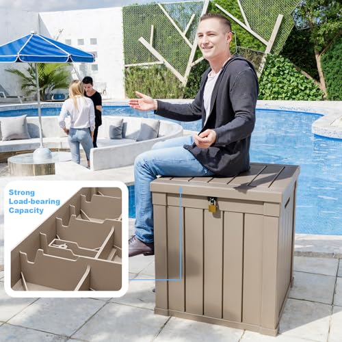 PatioZen 51 Gallon Resin Deck Box, Lockable Patio Outdoor Storage Box for Furniture, Garden Tools and Tools Storage, Waterproof Outside Storage Boxes - Grey - color: Grey, size: 51 Gallon
