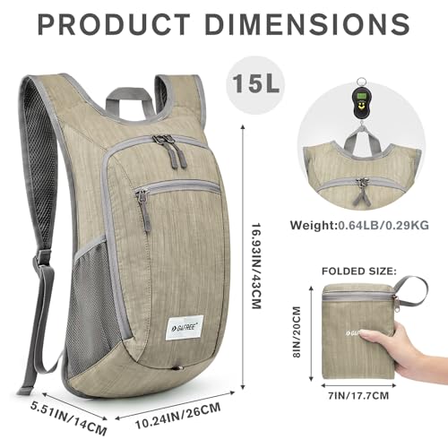 G4Free 10L/15L Hiking Backpack Lightweight Packable Hiking Daypack Small Travel Outdoor Foldable Shoulder Bag - color: Beige, size: 15L