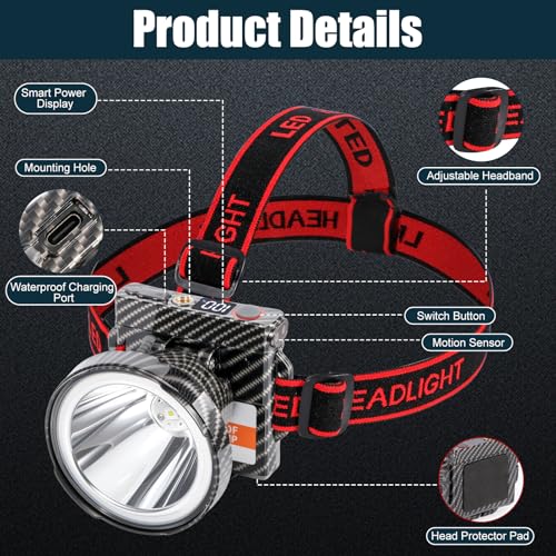 Super Lightweight Ultra-Thin LED Headlamp with Motion Sensor, 5000mAh Polymer Battery, 4 Modes with Battery Level Display IP65 Waterproof Perfect for Camping, Hiking, Fishing (YK-681Black White light) - color: YK-681Black White light