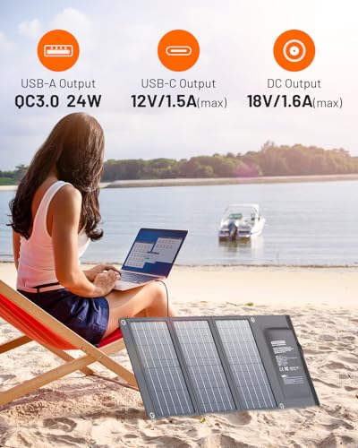 GOODaaa 30W Portable Solar Panel with Three Outputs, USB QC 3.0 Fast Charging Foldable Solar Charger, IP65 Waterproof Panels for Outdoor, Dual USB & One DC Charger for Phones, Tablet, Power Station - size: 30W