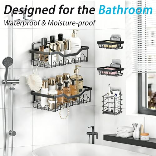 Fammart Adhesive Shower Caddy, 5-Pack Rustproof Stainless Steel Bathroom Organizer with 28 Hooks, No-Drill Large Capacity Shower Shelves for Bathroom Storage & Home Décor, Black - color: Stainless Steel, 5 Pack - Black