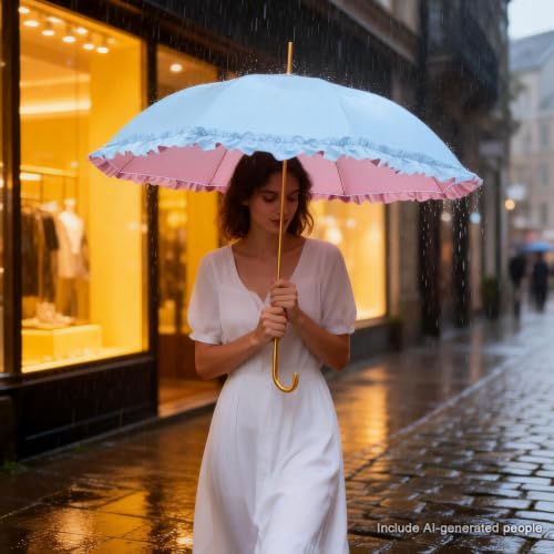 40.16inch Ruffled Princess Parasol with One-Touch Open - UPF50+ UV Blocking Sunshade, 8-Rib Fiber+Aluminum Frame, Lightproof Canopy for Women - color: blue1