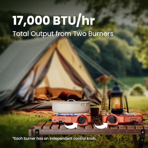 Cofiyard Propane 2 Burner Camping Stove with Carrying Bag, Portable Folding Gas Stove for Camping, Backpacking Camp Stove for Outdoor Cooking, With 17,000 BTU Adjustable Burners for BBQ, Tailgating - color: Orange