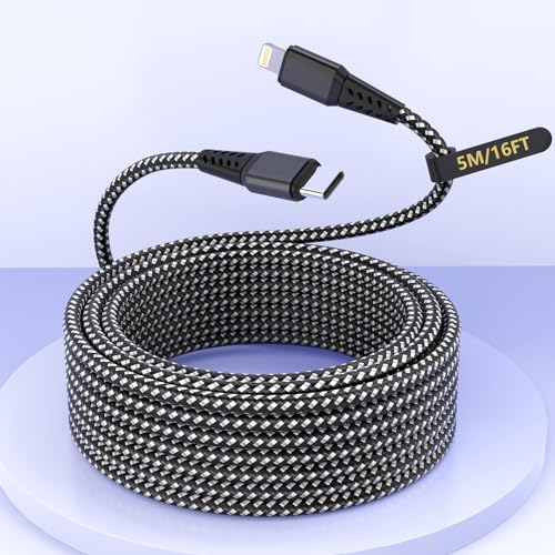 16FT/5M Extra Long USB C to Lightning Charger Cable for iPhone,Apple MFi Certified Charger Cord, Fast Charging Nylon Braided Sync Data Charge Cord for iPhone 14 Pro Max/14/13Pro/12/11/X/XS/XR/8/7/iPad - color: Brown