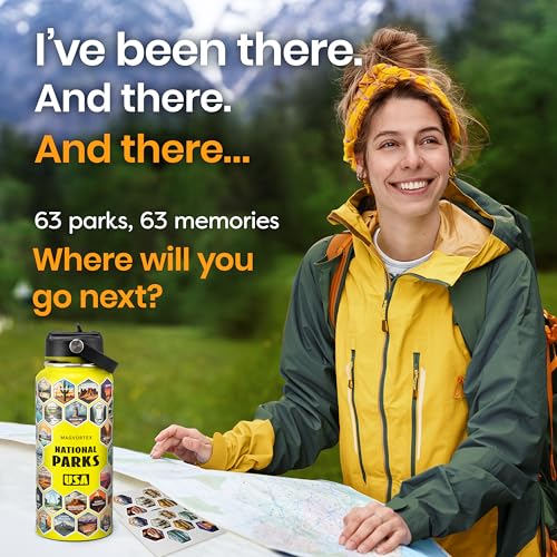 National Parks Yellow Water Bottle with Durable Stickers – 32oz Insulated Stainless Steel Water Bottle with Spout Lid – Insulated for Cold and Hot Drinks – Metal Bottle for Gym, Hiking, Camping - color: Yellow