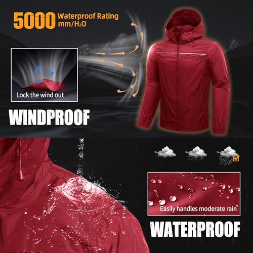 ZITY Mens Rain Jacket with Lining Waterproof Lightweight Rain Coats Packable Hooded Windbreaker for Hiking Golf Cycling - color: Red, size: 4X-Large