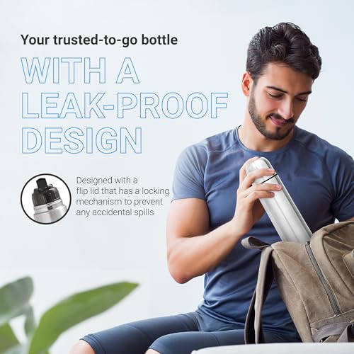 Milton Flask 34 oz Insulated Water Bottle with Cover, Flip Lid, Thermosteel | Stainless Steel, Double Wall Vacuum Insulation, Keeps Drinks Hot & Cold up to 24 Hours, Leak Proof, Silver - size: 34 oz