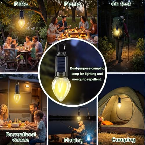 4 Pack Solar Tent Lights for Camping, Yellow Mosquito Repellent Light Bulbs, Rechargeable Hanging Lanterns with Hooks, Portable Bug Proof LED Lantern for Camping, Hiking & Emergency Power(T01)