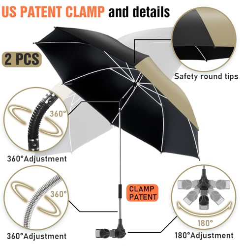 2 Pack Beach Umbrella with 360 Universal Clamp, UPF50+ Umbrella Outdoor Patio Sun Protection for Chairs, Beach &Patio Use (Not Include Chair) - color: Khaki and Black