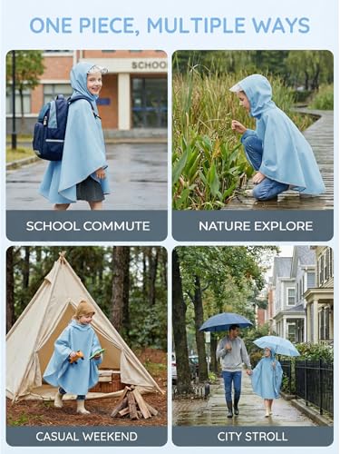 Haloumoning Kids Hooded Rain Poncho Girls Waterproof Lightweight Reusable Raincoat Jacket 4-14 Years - color: Blue, size: 11-14 Years