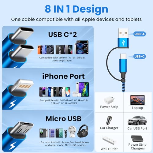 4 in 2 Multi Charging Cable, USBA/C Universal Charging Cords 2 Pack 5FT | Dual Type C Port Phone Charger Cord for Multiple Devices, Travel Charger for iPhone 17-11/Galaxy/Tablets/PS Home,Office, Blue - color: Dark Blue