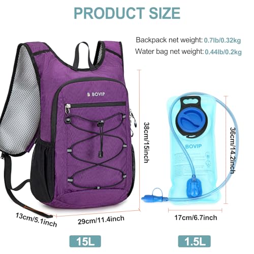 BOVIP Lightweight Hydration Back,15L Multipurpose Hiking Backpack with 1.5L Water Bladder ,Hydro Water Daypack for Cycling Hiking Rave for Men Women - size: Purple
