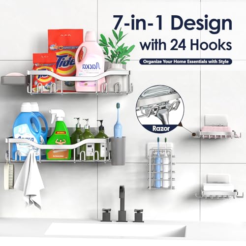 NESOMI Shower Caddy Adhesive Shower Organizer 7-Pack, Rustproof Stainless Steel Bathroom Shelves, Large Capacity No-Drill Rack Storage Accessories with Soap Dish Toothbrush Holder Hooks - color: Silver, size: 7-Piece Set