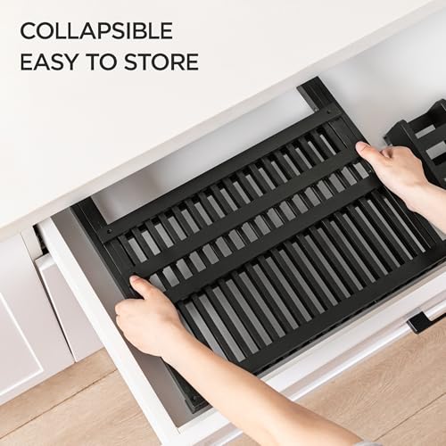 HBlife Dish Rack, Bamboo Folding 2-Tier Collapsible Drainer Dish Drying Rack with Utensils Flatware Holder Set (Dish Rack with Utensil Holder) - color: Bamboo-black-2 Tiers