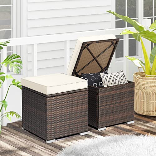 HAPPYGRILL 2 Pieces Patio Ottoman Set Outdoor Wicker Stool with Storage, Rattan Footrest Ottoman with Solid Metal Frame and Cushion for Backyard Poolside Garden Balcony - color: Off White