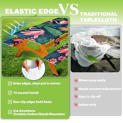 Fitted Picnic Table Cover with Bench Covers, Windproof Vinyl Table Cloths Outside Camping Cooking Backyard Furniture Seat Cushion Tablecloth Activities Party Decor Decorations Para Acampar Equipment - color: Green Flamingo, size: 96in