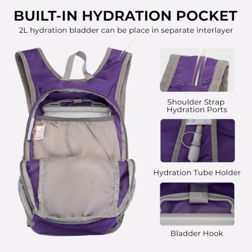 14L Small Hiking Backpack, Packable Travel Daypack for Men Women | Lightweight, Quick-Access Phone Pocket, Breathable, Water Resistant, Adjustable Straps, Emergency Whistle, Commuting Cycling - color: Purple