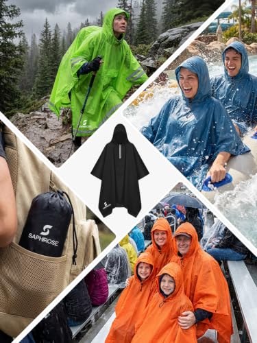 SaphiRose Hooded Rain Poncho Waterproof Raincoat Jacket for Men Women Adults - color: Black02 (With Reflective Stripes)