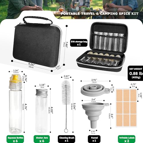 Portable Travel Camping Spice Kit, 12 Jars with EVA Bag, Funnel & Brush