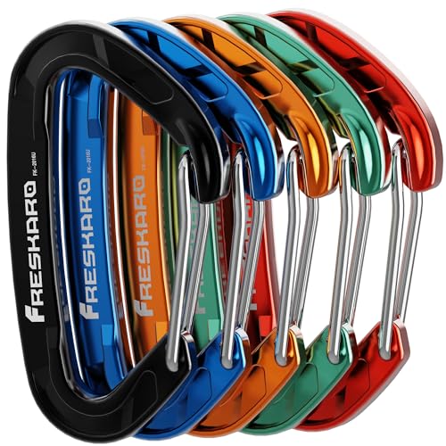 FresKaro 15kN-3372lbs Heavy Duty Wiregate Carabiners, Reliable Time-Tested Stainless Steel Spring Gate, for Camping, Hiking, Hammocks, Backpacking, Dog Leash etc., 3.15inch - color: Rainbow-5pcs