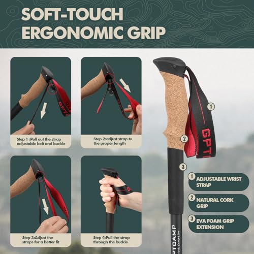 GPTCAMP Collapsible Hiking Trekking Poles with Cork EVA Grips - color: Red