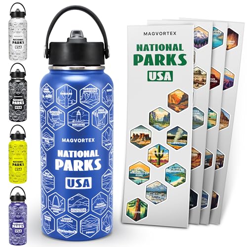 National Parks Blue Water Bottle with Durable Stickers – 32oz Insulated Stainless Steel Water Bottle with Spout Lid – Insulated for Cold and Hot Drinks – Metal Bottle for Gym, Hiking, Camping - color: Blue