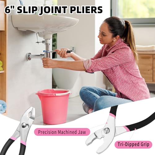HANGYING 132-Piece Home Tool Kit for Women with Plastic Toolbox Pink | All Purpose Home Repair Tool Set with Storage Case, Women Small Tool Kit, Garage Office College Dorm & DIY Projects Use - color: Light Pink