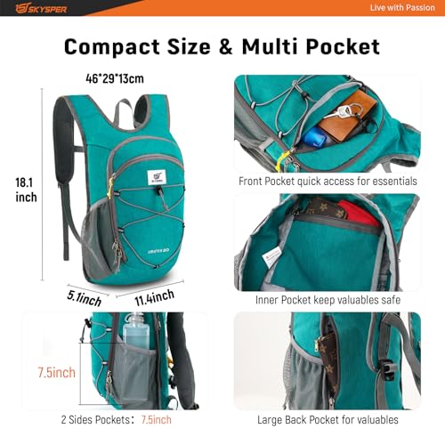 SKYSPER 15L/20L Foldable Hiking Backpack Lightweight Packable Travel Daypack with Chest Strap Small Folding Pack for Walking - color: Cyan, size: 20l