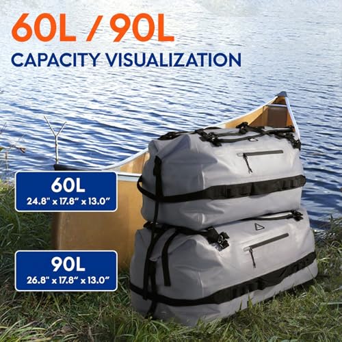 Haimont IPX7 Waterproof Roll-Top Dry Duffel Backpack | 60L/90L Sizes, 500D Tarpaulin, Welded Seams, Mesh Pockets, Boating & Kayaking - color: Light Gray, size: 60L