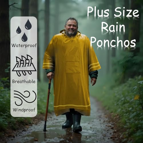 Plus Size Rain Poncho with Hood and Reflective Stripes, Big and Tall Rain Poncho, Ideal as Rain Ponchos for Adults - color: Yellow