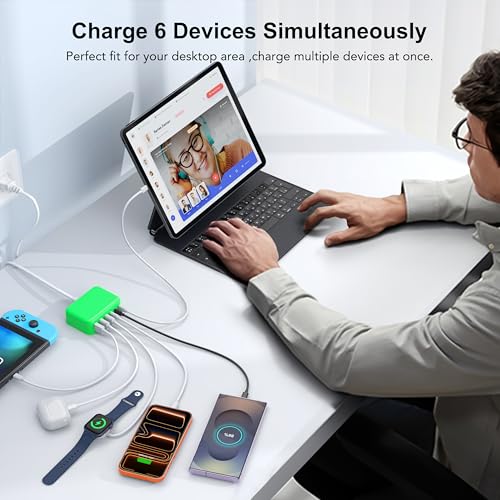 USB C Charger Block, GaN Fast USB Charging Station Hub with 100W Max 6-Port - color: E-Green, size: 100W