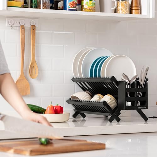 HBlife Dish Rack, Bamboo Folding 2-Tier Collapsible Drainer Dish Drying Rack with Utensils Flatware Holder Set (Dish Rack with Utensil Holder) - color: Bamboo-black-2 Tiers