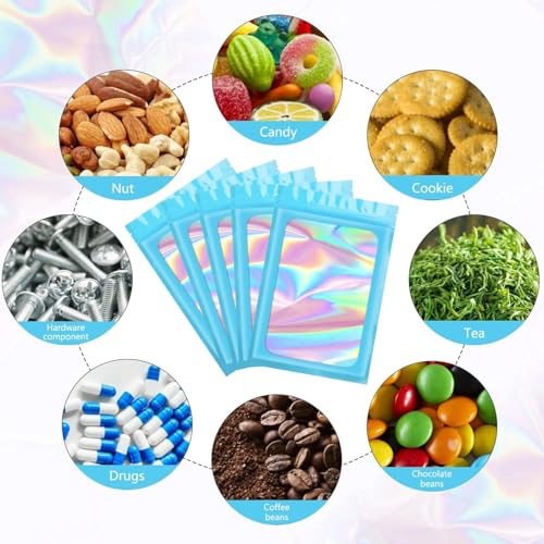 Funfery 100pcs Mylar Holographic Bags-Resealable Zipper&Clear Window (Blue, 4.7 x 7.9 Inch) - color: Blue, size: 4.7 x 7.9 Inch