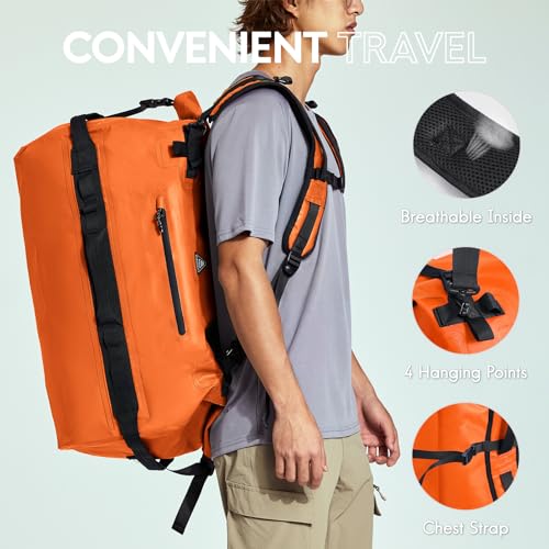 Haimont IPX7 Waterproof Roll-Top Dry Duffel Backpack | 60L/90L Sizes, 500D Tarpaulin, Welded Seams, Mesh Pockets, Boating & Kayaking - color: Orange, size: 60L