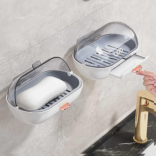2 Pack Shower Soap Dish Holder with Lid, Bar Soap Container with Drain | Wall Mounted Soap Box Container for Shower, Bathroom, Bathtub, Kitchen Sink, Adhesive Included - color: 2pcs White Wall-mounted