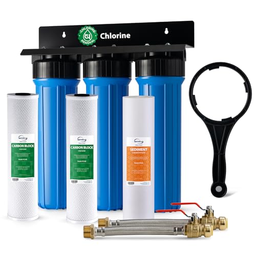 iSpring WGB32B+AHPF12MNPT16X2 3-Stage Whole House Water Filter System, Reduces Chlorine, Sediment Home Water Filtration System w/ 3/4'' Push-Fit Braided Stainless Steel Hose Connectors - style: Sediment + 2 Carbon