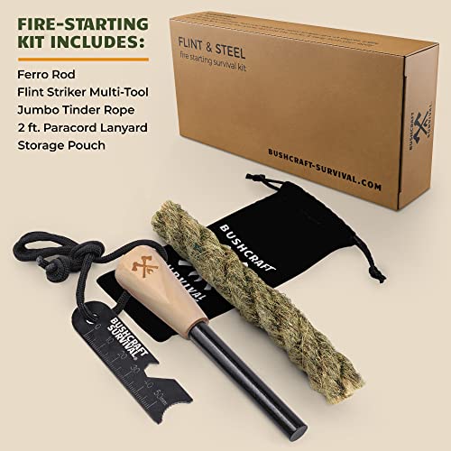Ferro Rod Fire Starter Kit & Backpacking Multitool | Flint and Steel Striker | Waterproof Magnesium Farrow Rod Tool & Firestarter for Campfires - style: Ferro Rod W/ Jumbo Tinder Rope