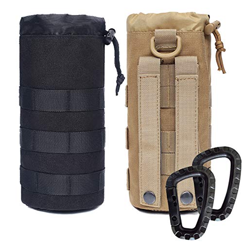 Water Bottles Pouches - 1000D Tactical Molle Drawstring 32OZ Hydration Carrier Bag - color: 2 Pack Black+Tan